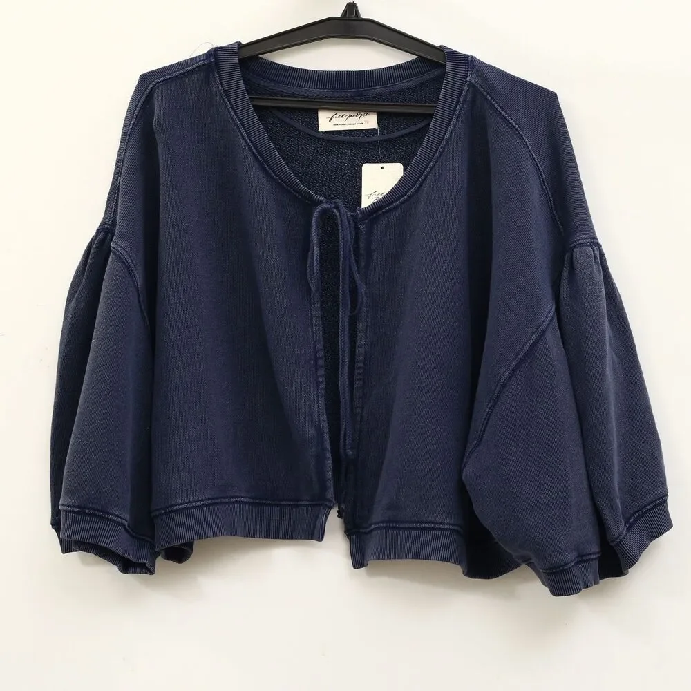Free People Cape Me Cozy Cardi Blouse Top Cropped Crew Neck Cotton Boxy L 289850